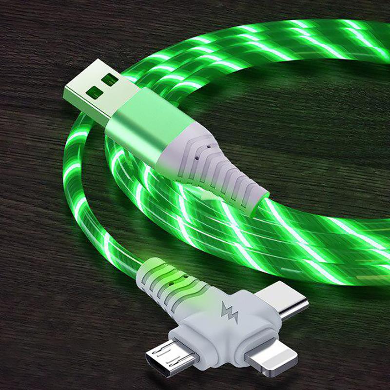 VAORLO 3-in-1 leuchtendes Ladekabel, 2,1 A, schneller Ladefluss, leuchtende Beleuchtung, USB-Kabel für Samsung iPhone XiaoMi HuaWei grün