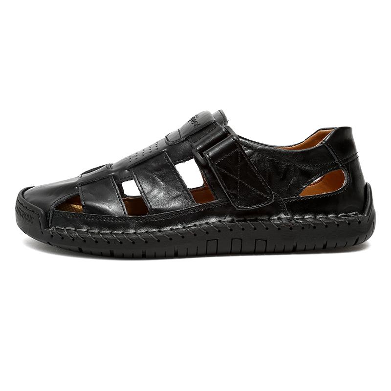 Sommer Herren Casual Sandalen mit geschlossener Spitze Große Größe Echtleder Casual Handgefertigte Sandalen Atmungsaktive Casual Sneakers Sandalen für Herren 41 schwarz