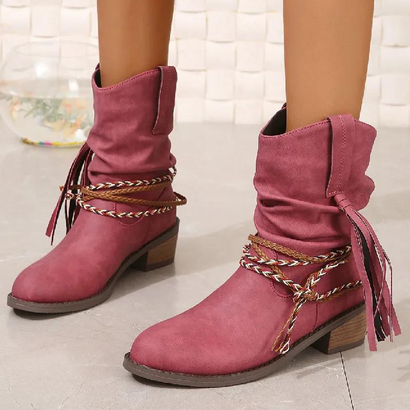 Mode Damen Retro Kurze Stiefel Herbst Winter Neu Western Cowboy Mode Bequeme Mittelhohe Absatzstiefel Outdoor Reise Freizeit Schuhe 37