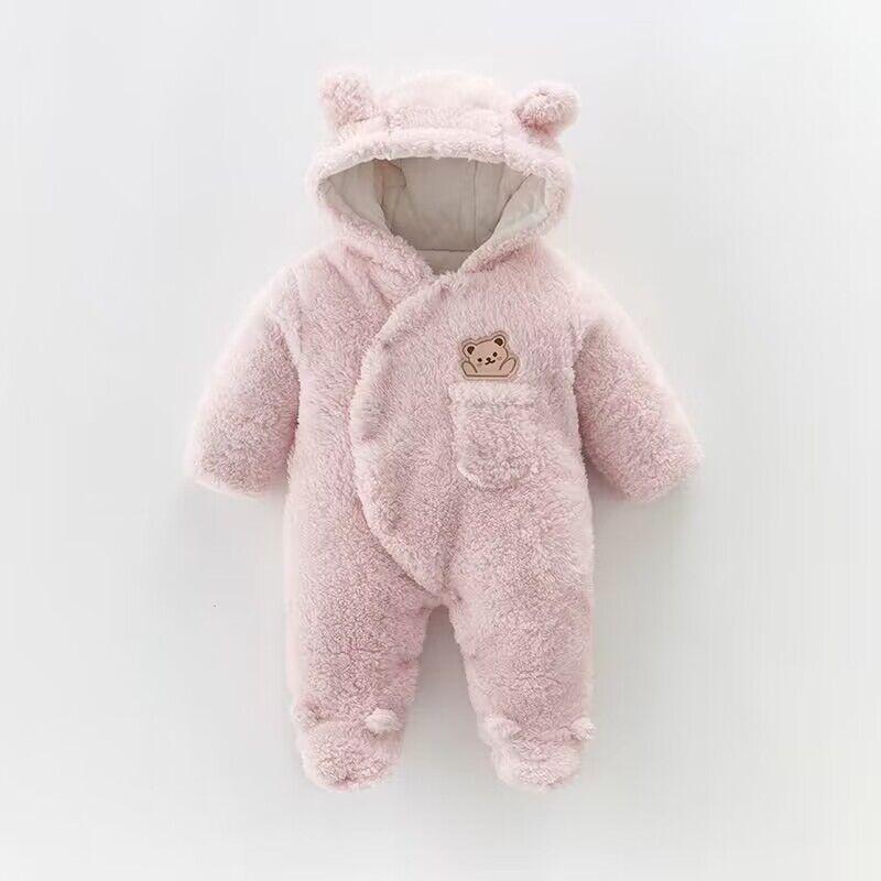 Winter Fleece Dicken Strampler Baby Langarm Overall Herbst Baby Jungen Mädchen Strampler Mit Kapuze Warme Tuch 59 rosa