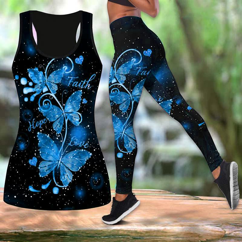 Yoga-Outfit mit Schmetterlingsblatt-Aufdruck für Damen, modische 3D-gedruckte Workout-Leggings, Fitness, Sport, hohe Taille, lässige Yoga-Hose 8XL hellblaue