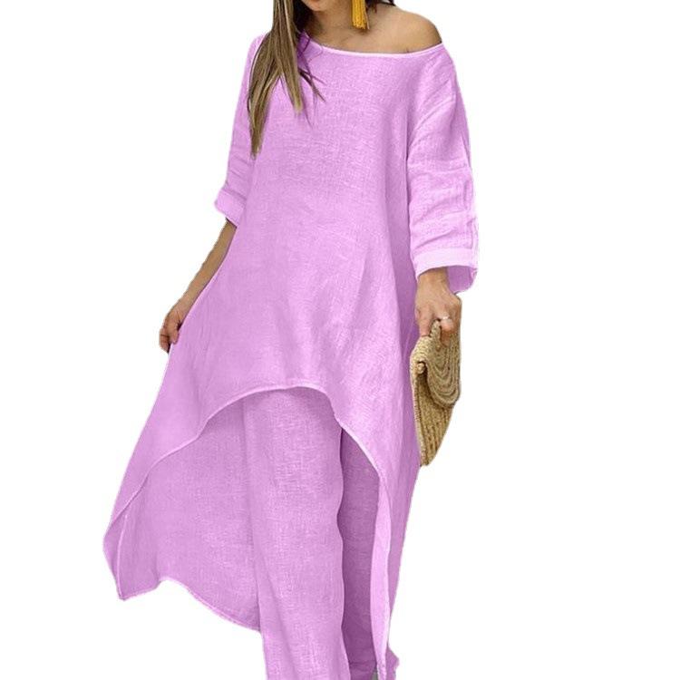Sommer Damenmode Casual Baumwolle Leinen Anzug Unregelmäßige Langarm Weite Beinhose Zweiteiliger Anzug Plus Size L