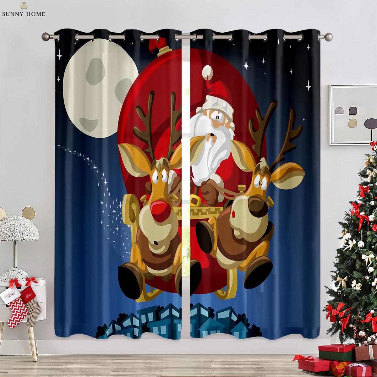 Weihnachtsdekoration Vorhänge Farbige Lichter Weihnachtsmann 3D-Druck Vorhänge Schlafzimmer Restaurant Feiertagsdekoration Vorhänge W50xH140(CM)x2PCS&Grommet Top brown
