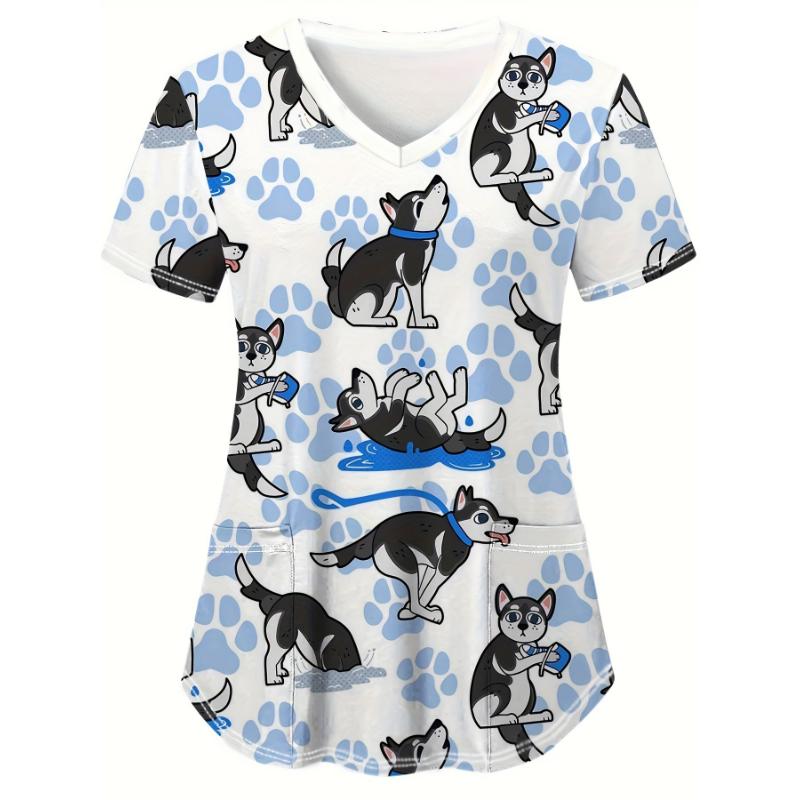 Medizinische Uniform für Damen mit niedlichem Katzen- und Hundeprint, V-Ausschnitt, klinische Uniform, Kurzarm, aufgesetzte Taschen, Oberteile, chirurgische Uniformen, Frau 5XL gray