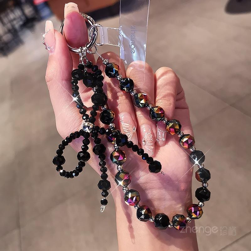 Boutique, Kristall-Handykette, Ins-Stil, Luxus, Damen, Handgelenkanhänger, Kurzer Stil, Handyhüllen-Anhänger, Perlenkette [Black]