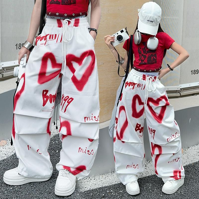 Y2K Streetwear Hose mit Herz-Graffiti 5-14J Kinder Kind Hip Hop Mode Jogginghose mit Aufdrucken für Teenager Mädchen 140 weiß