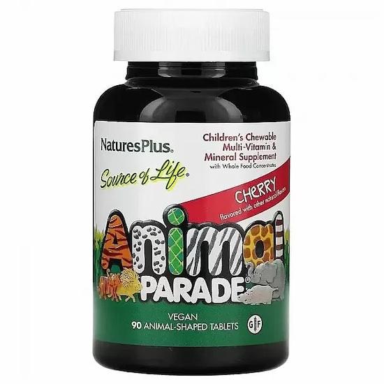 NaturesPlus- Animal Parade, Kaubares Multivitamin-Nahrungsergänzungsmittel für Kinder, Kirsche, 90 tierförmige Tabletten