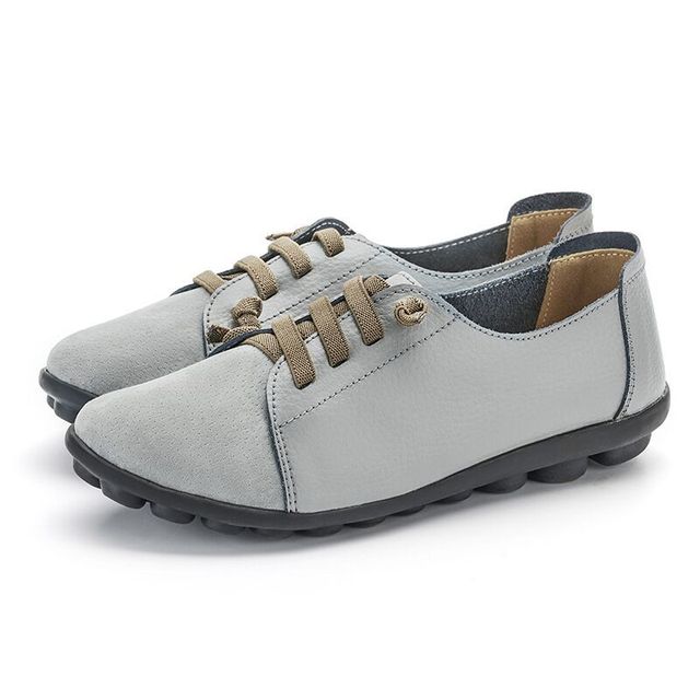 Damen Ballerinas Übergröße Slipper Damen Echtleder Schuhe Schnürschuhe Mokassins Damen Casual Flache Schuhe Damen Lederschuhe Krankenschwester 39 hellgrau