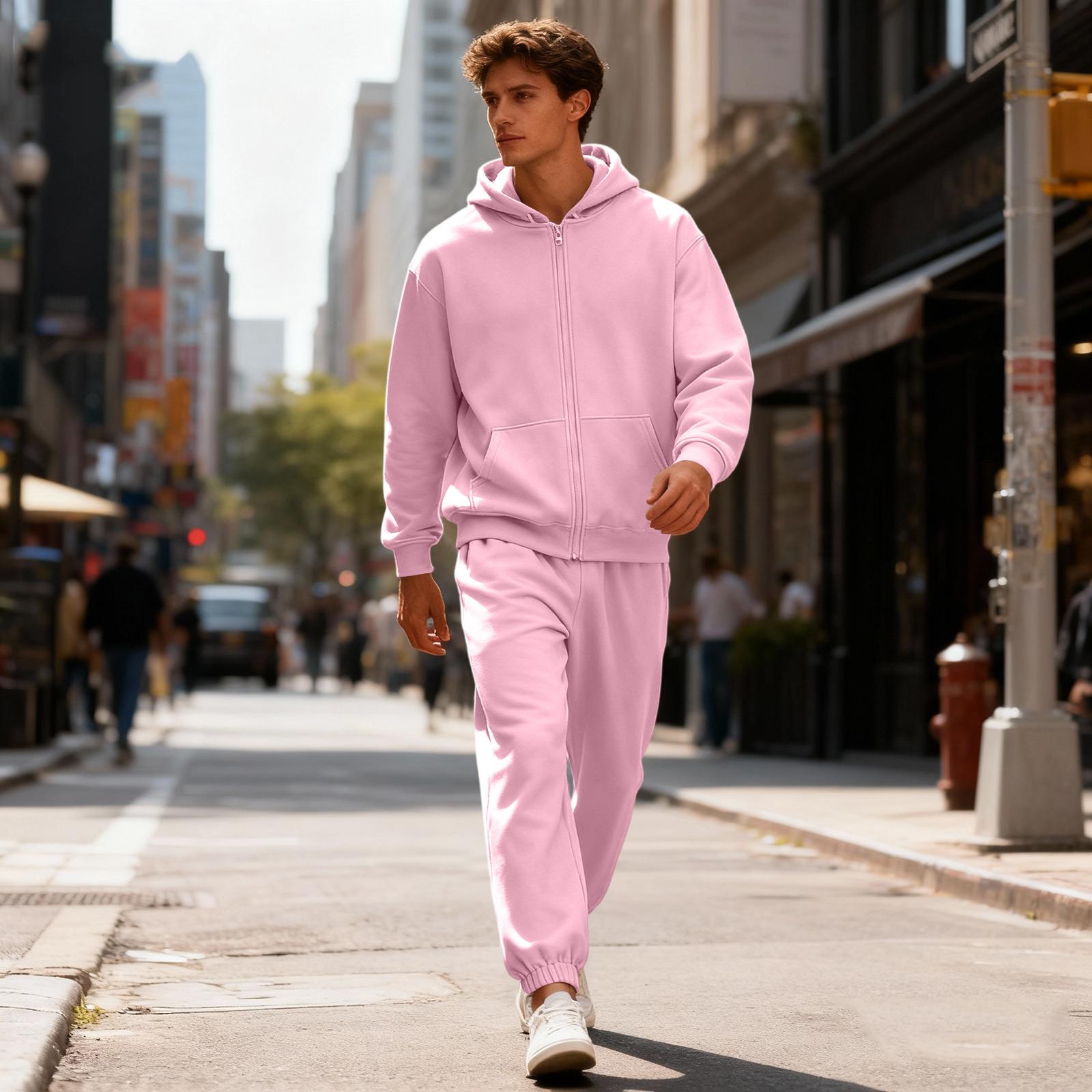 Herren Trainingsanzug Herren Farbe Lässiger Sportanzug Sweatshirt Anzug L rosa