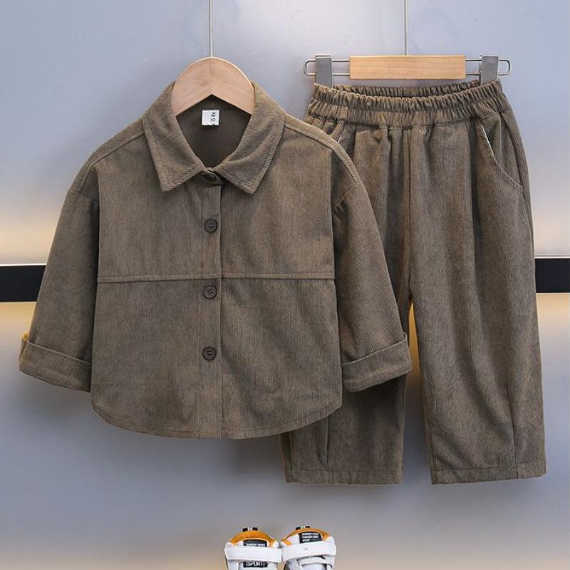 2-teiliges Set für Jungen aus Cord für Kinder, modische Langarmjacken und weite, lässige Jogginghosen für Frühling und Herbst im koreanischen Stil 120 dunkelgrüne