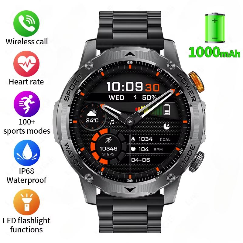 2025 Neue 1000mAh Super-Kapazitäts-Batterie Herren Smartwatch 1,7-Zoll Großbildschirm Bluetooth-Anruf IP68 Wasserdicht Smartwatch Sport Steel Tape schwarz