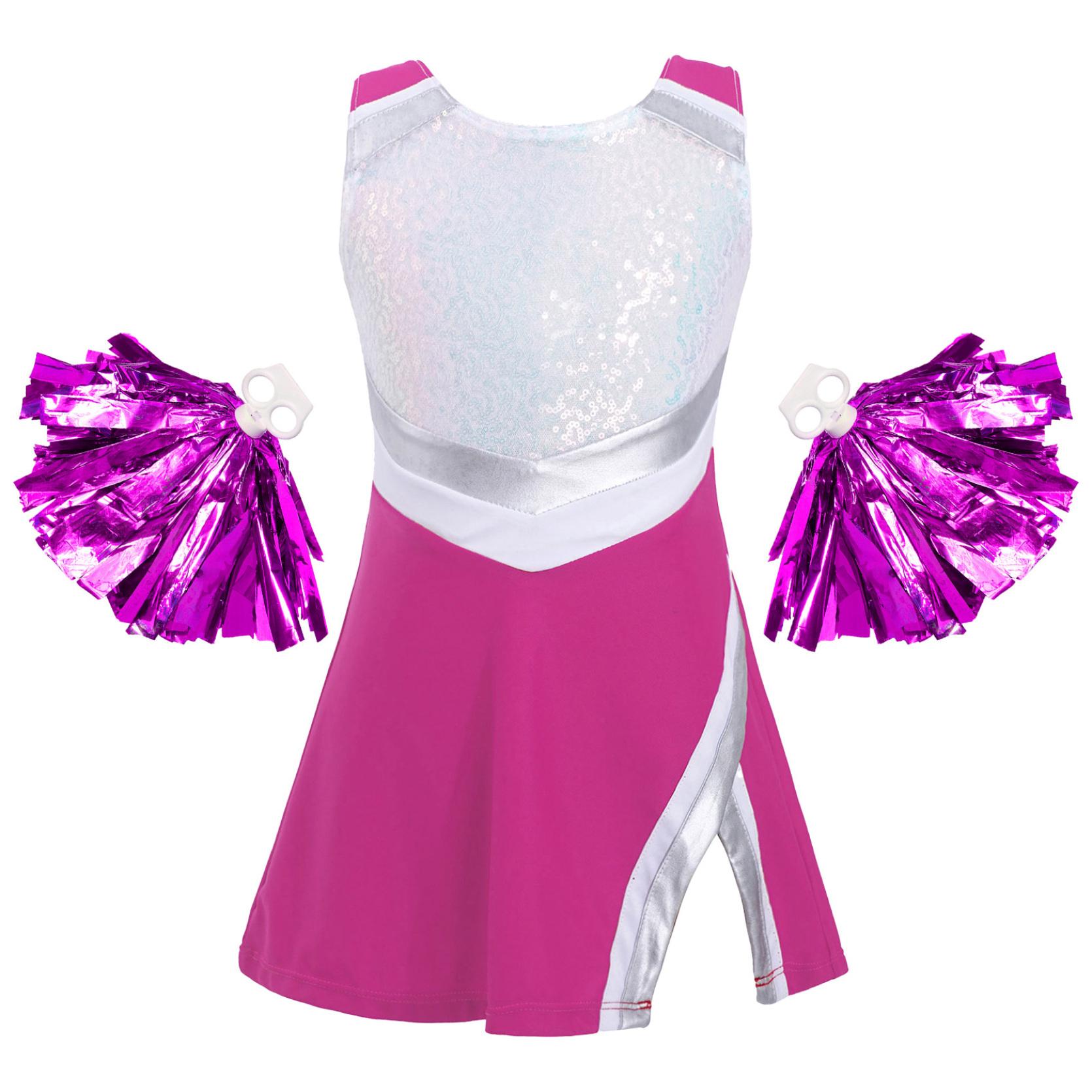 Kinder Mädchen Cheerleading Tanz-Outfit, ärmelloses, mit glänzenden Pailletten verziertes Kleid mit Shorts und Blumenbällen, Set für Halloween, Karneval, Party, Kostüm 7-8 Years hellrosa
