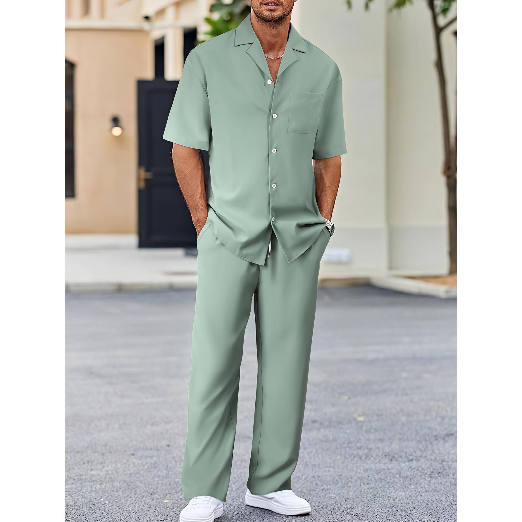 (Hemd+Hose) Sommer Herrenmode Klassisches Hemd Herren Business Casual Shirts Herren Ein Satz Kleidung XS hellgrüne