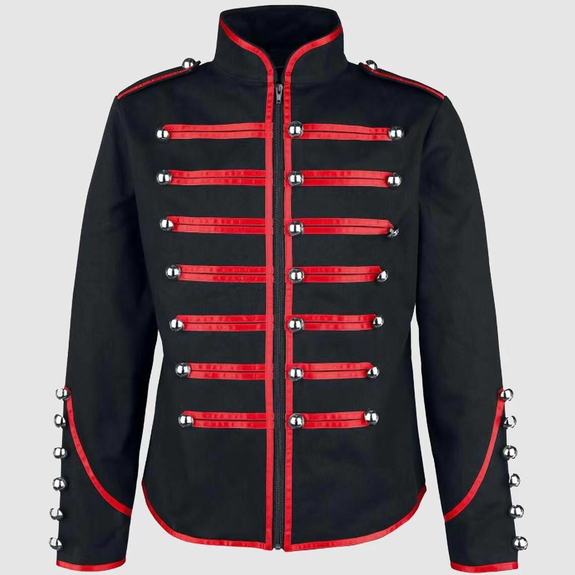 Steampunk Herren Gothic Kleidung Militärjacken Mittelalterliche Vintage Jacke Stehkragen Rock Gehrock Herren Retro Punk Mantel XL rot