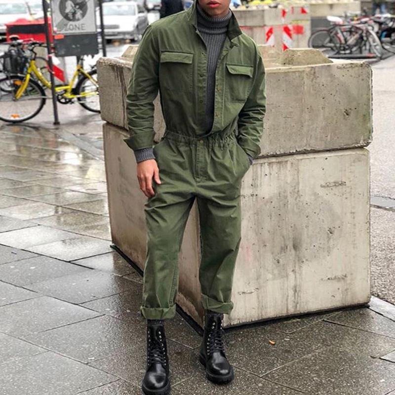 Herbst Winter Herrenmode Overalls Langarm Casual Fitness Overall Kragen Overall XXL armee grüne