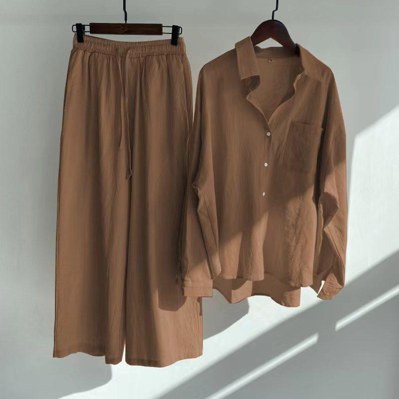 Damen zweiteiliger Anzug Retro Plus Size Baumwolle Leinen Hemd Anzug Hohe Taille Lose Hosen für Frauen XL dunkelbraune
