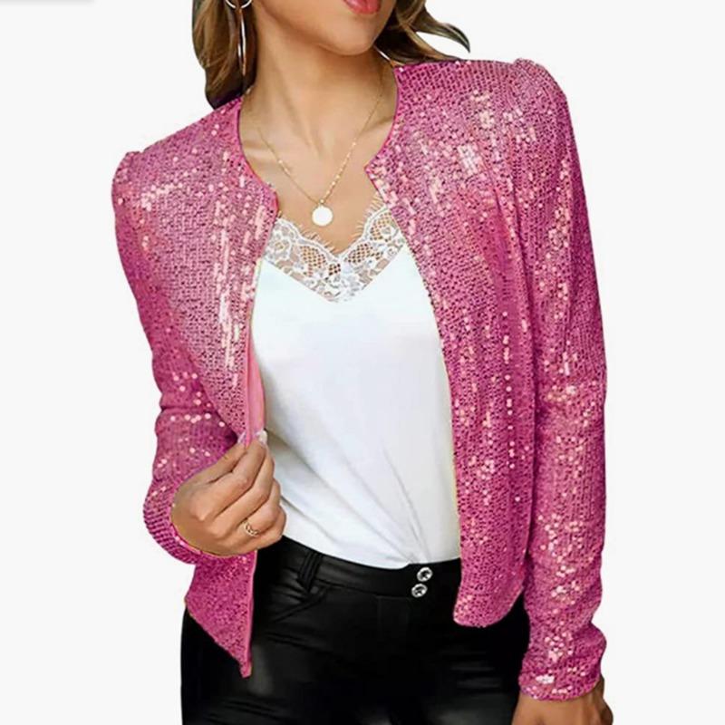Mode Stehkragen Kontrast Pailletten Mantel Frauen Kleidung Frühling Und Herbst Langarm Jacke Casual Zipper Kurzen Mantel 29445 S ultra