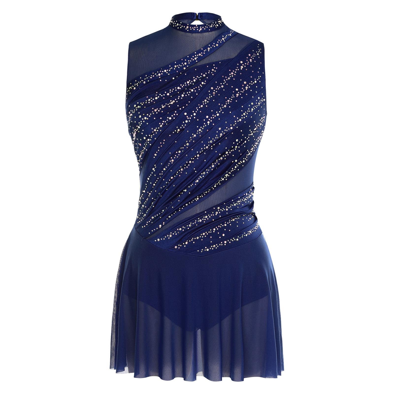 Damen Gymnastik Kunstturnen Eiskunstlauf Ballett Lyrischer Tanz Turnanzüge Kleid Strasssteine Eingebauter Schritt Knöpfe Slips Kleid XL navy blau