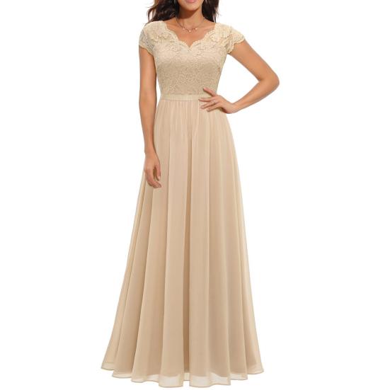 Damen Spitze V-Ausschnitt Abendkleid Lang A-Linie Chiffon Brautjungfernkleid Mutter der Braut Hochzeitsgast Maxikleid für Party Abschlussball XL champagner