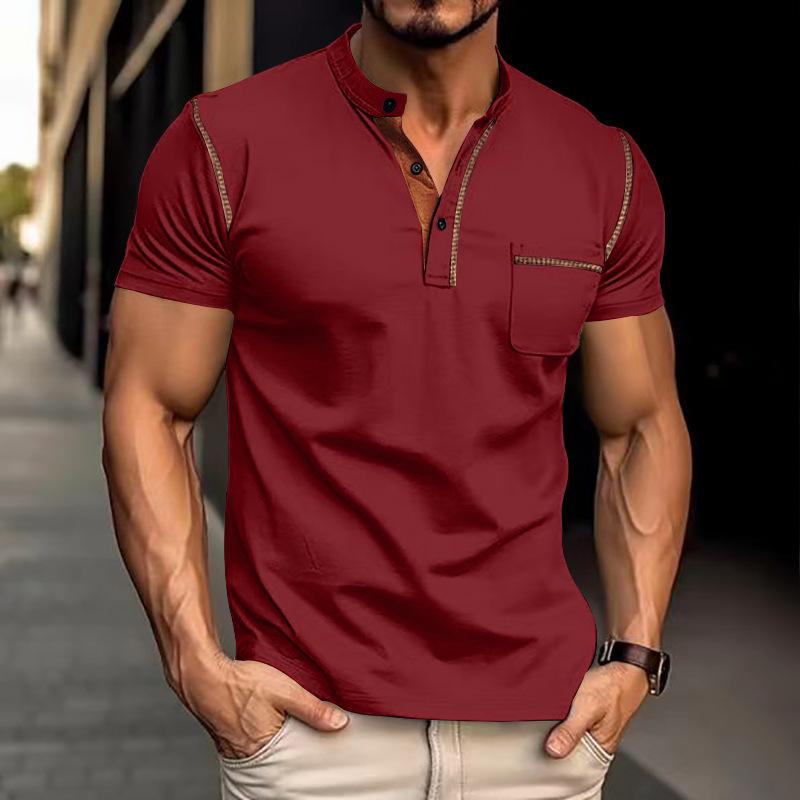 2024 sommer Herren Polo Shirt Männer Casual Urlaub Shirts Männlichen Kurzarm Fashion Polo Shirts Männer Einfarbig Patchwork T-shirt M weinrot