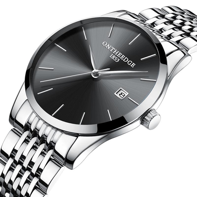 ONTHEEDGE Ultradünne Herren-Armbanduhr mit Edelstahlband, Quarz-Herrenkalender, wasserdichte Armbanduhr