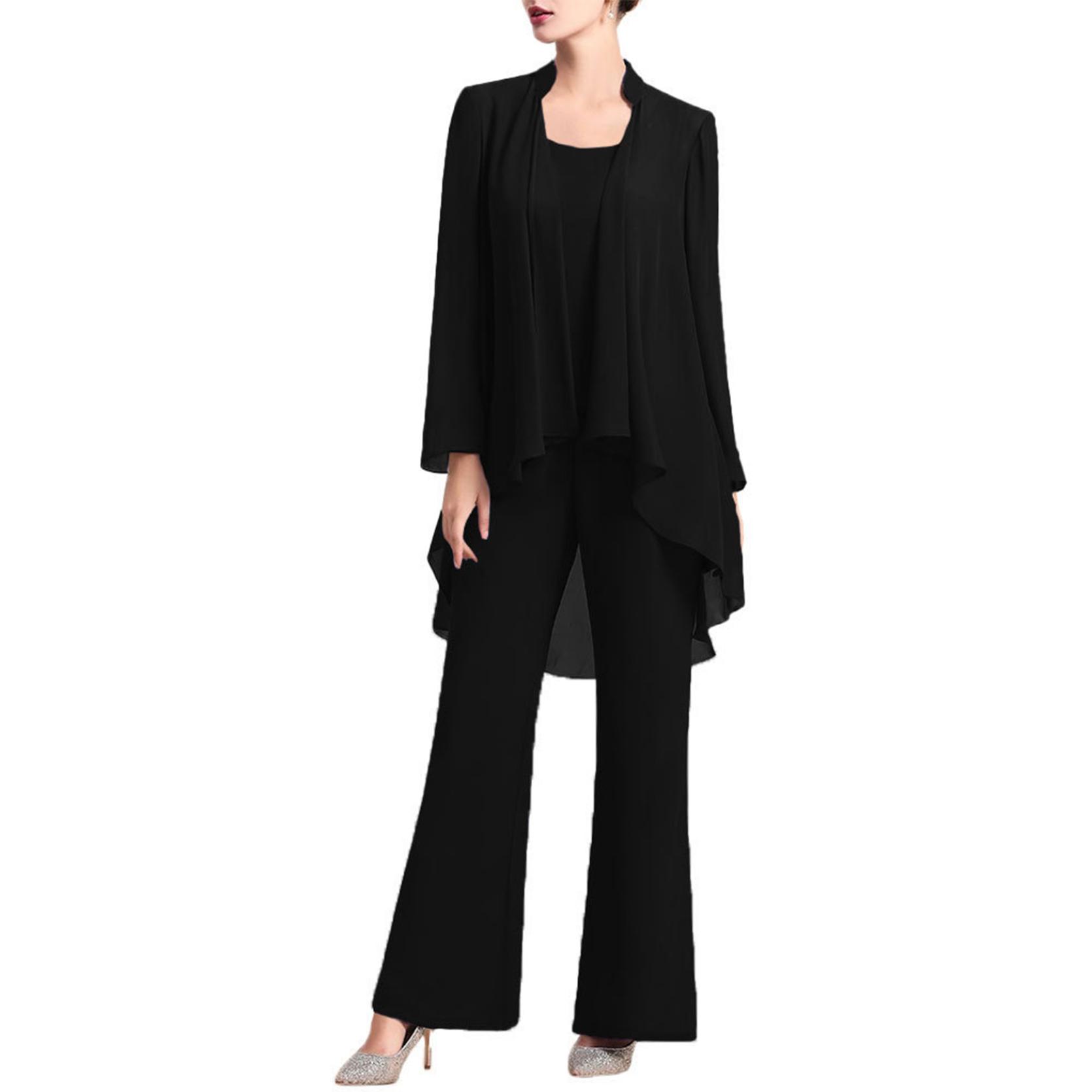 3-teiliger Chiffon-Hosenanzug für die Brautmutter für Hochzeitsgäste, formelles Abendkleid 3XL schwarz