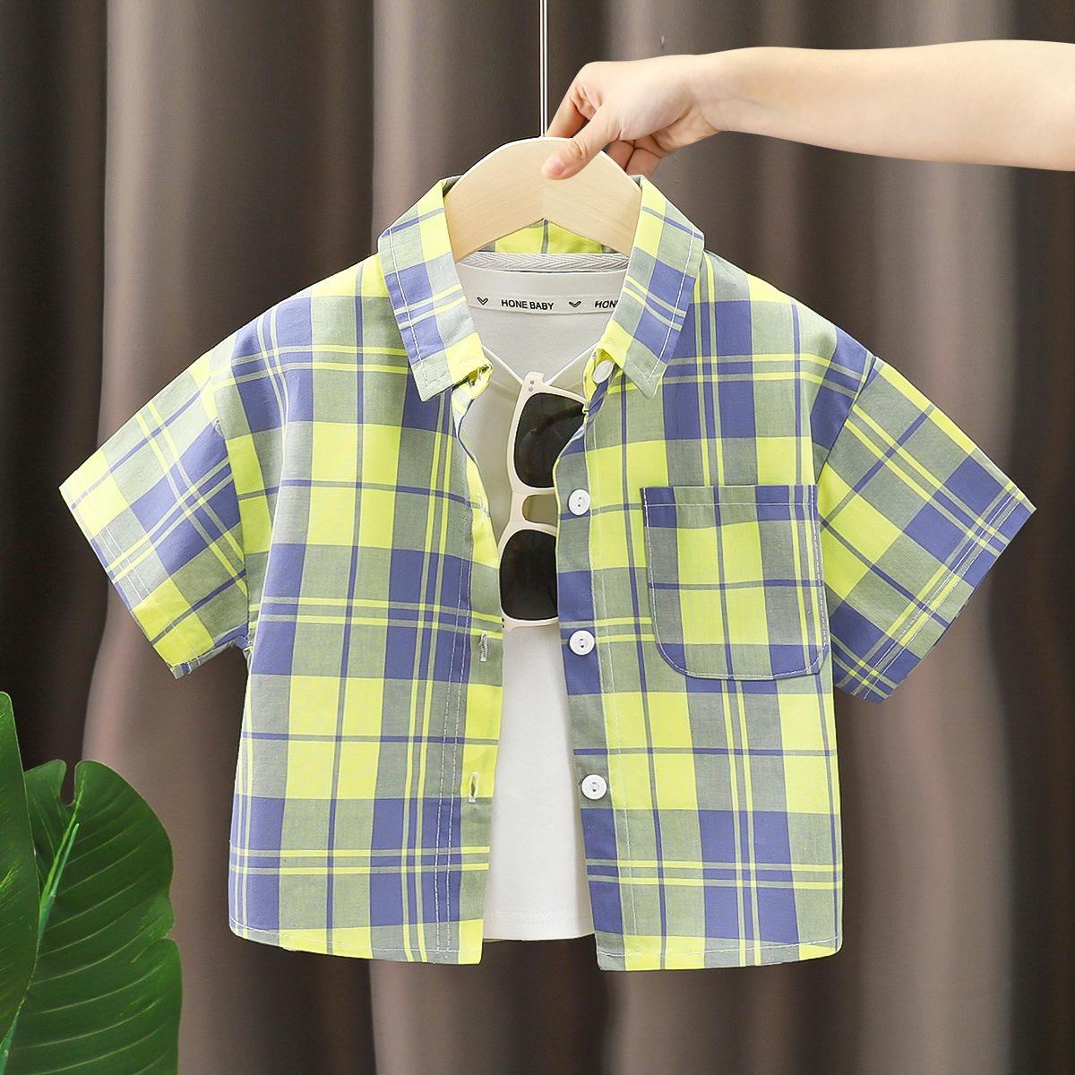 Jungen Baumwoll-T-Shirts Mode Kinder Kurzarm Karierte Bluse für 2-10 Jahre Kinderbekleidung Freizeit-Tops 130cm
