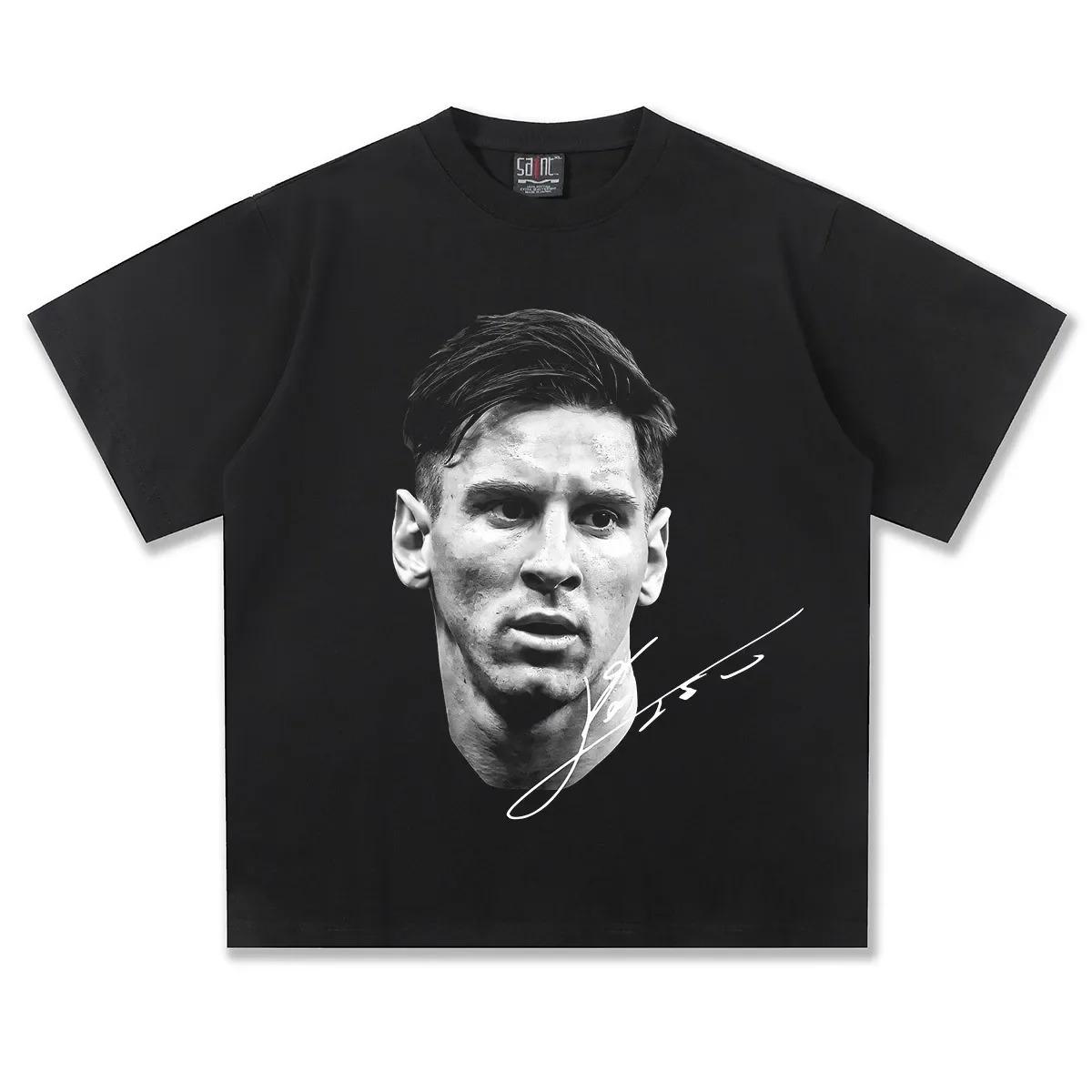 Lionel Messi Schwarz-Weiß Porträt Unterschrift T-Shirt, Unisex Fußballfan Vintage Oversize Baumwolle Streetwear Tee XXL schwarz
