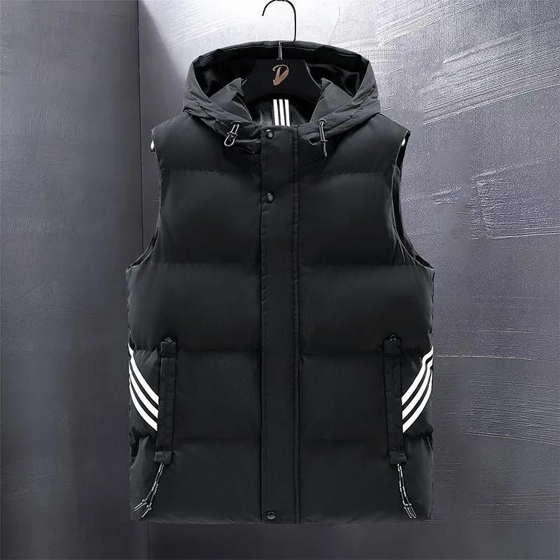 Herren Kapuzen Daunen Baumwolle Weste Herren Locker Geschnitten Übergröße Verdickt Warm Kälteabweisend Weste Ärmellose Jacke XXXXXL schwarz