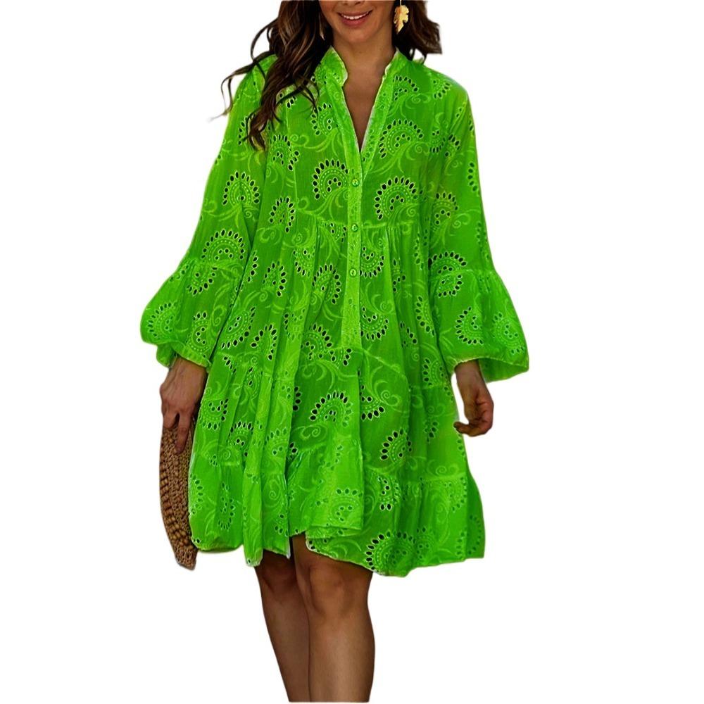 GMXIA Damenmode Sommer Frühling Einfarbig Druck Langarm Freizeitkleider XXXXL grün