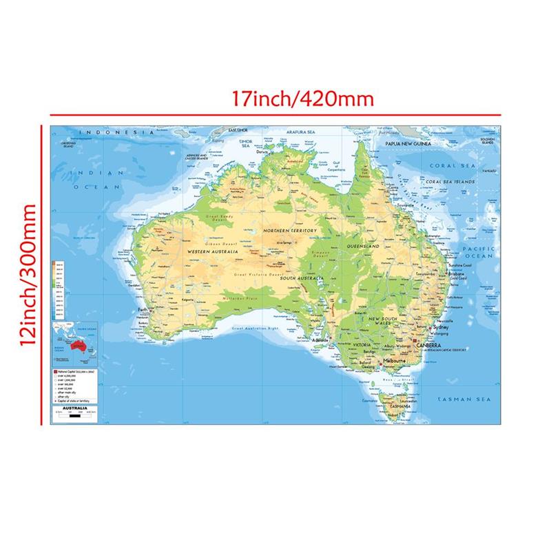 Rahmenlose Karte von Australien-Geografische Karte,Wanddeko,Studium,Geschenk,Studien-& Reiseplanung,Pädagogische Wandkunst,Heimdekoration A3-42*30cm