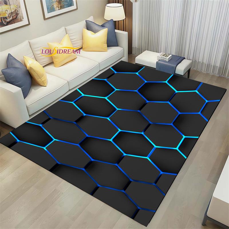 Geometrischer 3D-Teppich, Neonlichter, Sechsecke, Teppiche für Zuhause, Spielen, Gaming, Raumdekoration, Wohnzimmer, Schlafzimmer, Teenager, E-Sport-Teppich 120cm x 160cm
