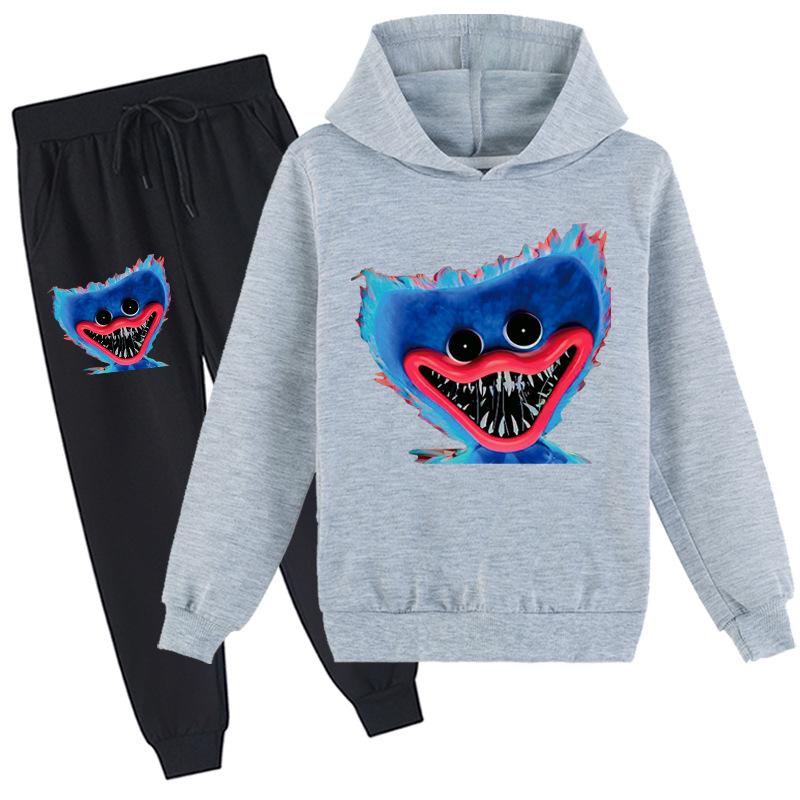 Kinder 3D Hoodie Set Huggy Wuggy Pullover Trainingsanzug Poppy Playtime Kinder Pullover + Hose 160cm grau