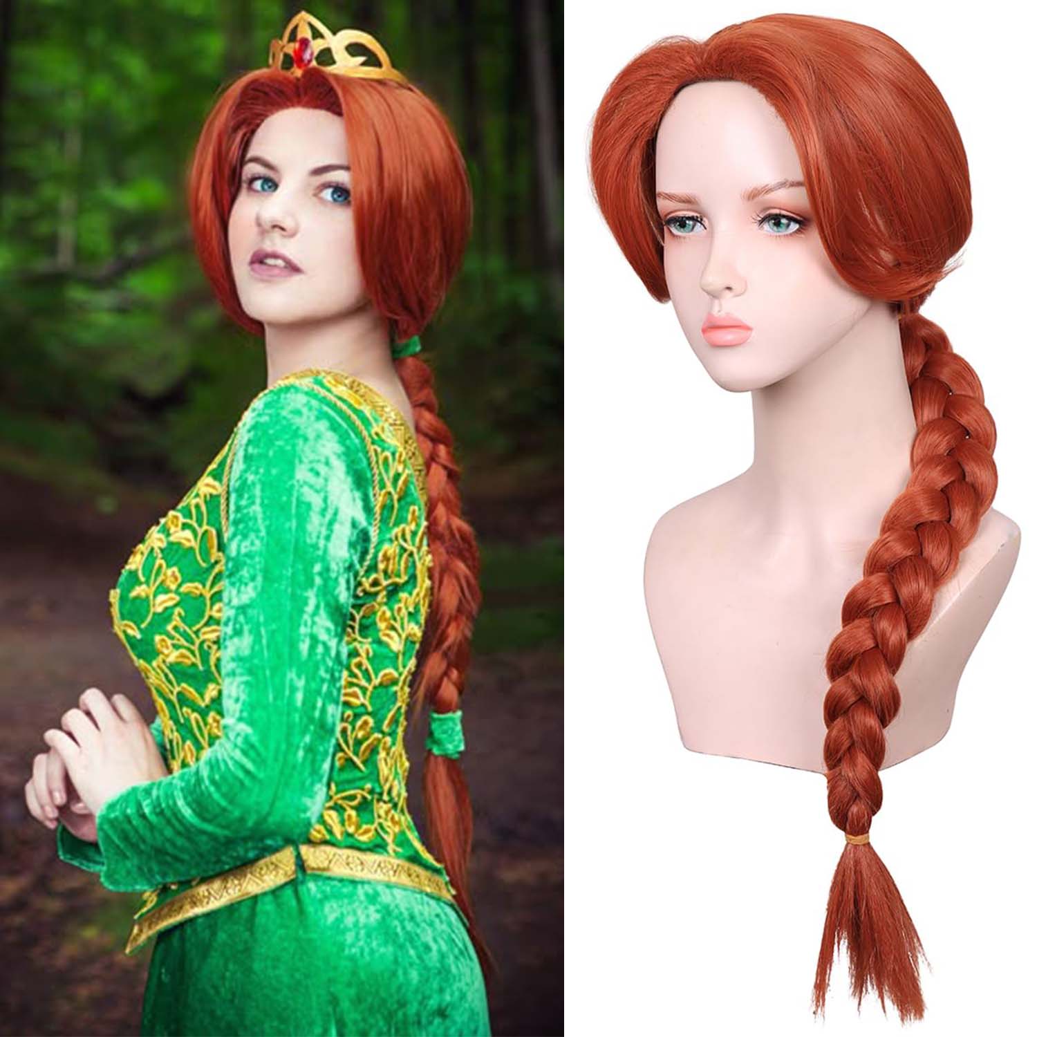 Synthetische lange geflochtene rotbraune Perücke für Damen, Fiona Perücke Prinzessin Rotbraun Filmperücke für Halloween-Kostüm Cosplay Party green
