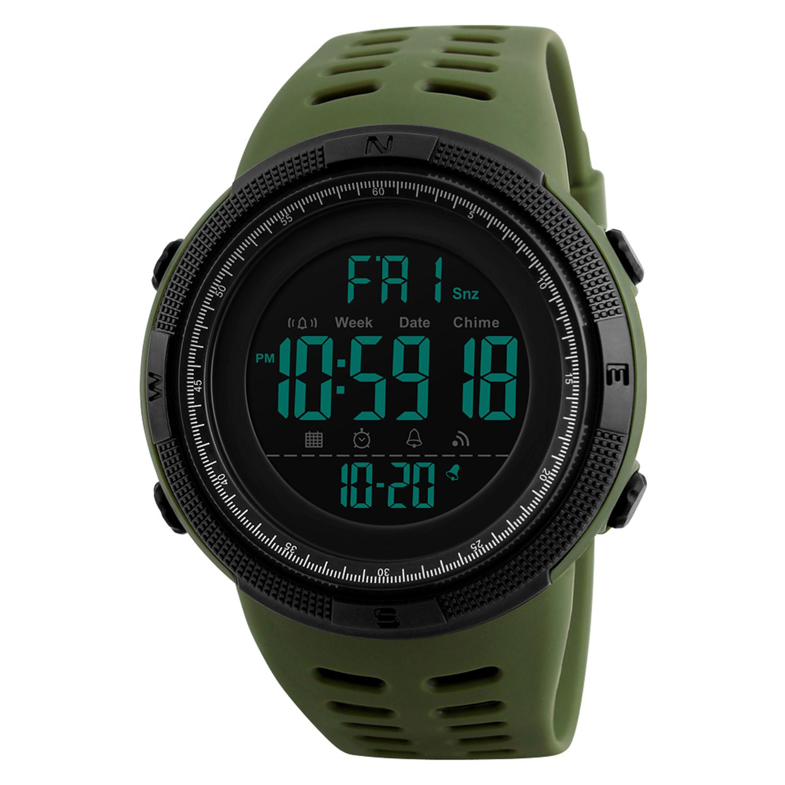 SKMEI Herren-Sportuhren, Countdown-Doppelzeituhr, Alarm, Chronograph, digitale Armbanduhren, 50 m armee grüne