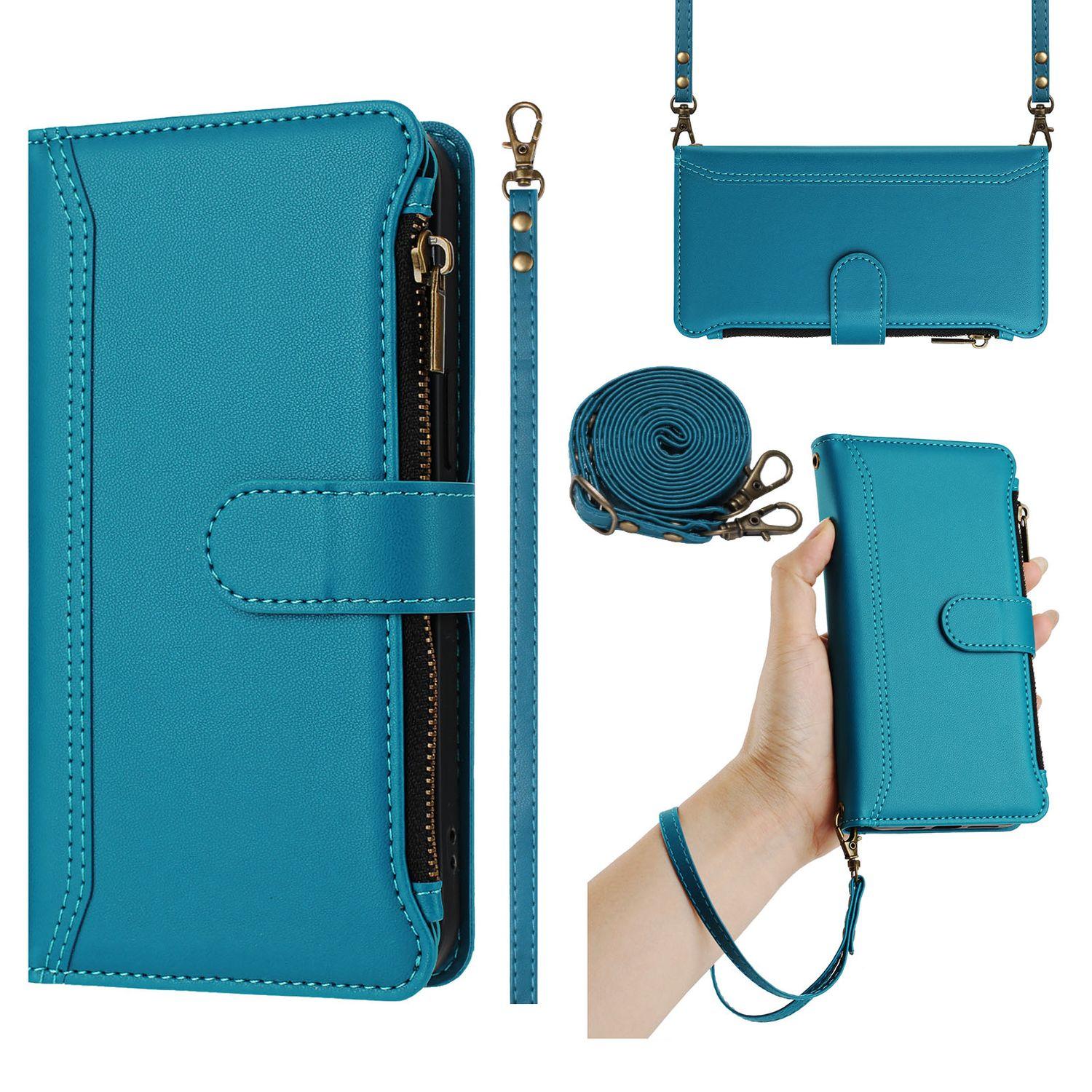 Leder Wallet Klapphülle für Samsung Galaxy S26 S25 S24 S23 S22 S21 S20 Ultra Plus FE Edge S10 S9 S8 S7 Edge Crossbody-Gurt und Handgelenkschlaufe Samsung Galaxy S7 Edge navy blau