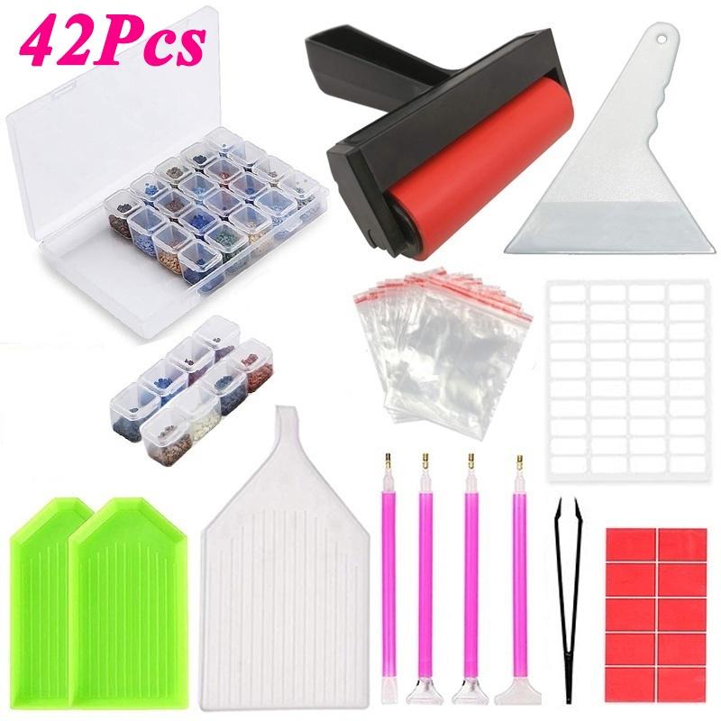 5D-Diamant-Malwerkzeug-Set mit Aufbewahrungsbox für Diamant-Stickzubehör, 64 Gitter, Perlen-Aufbewahrungsbehälter 42PCS