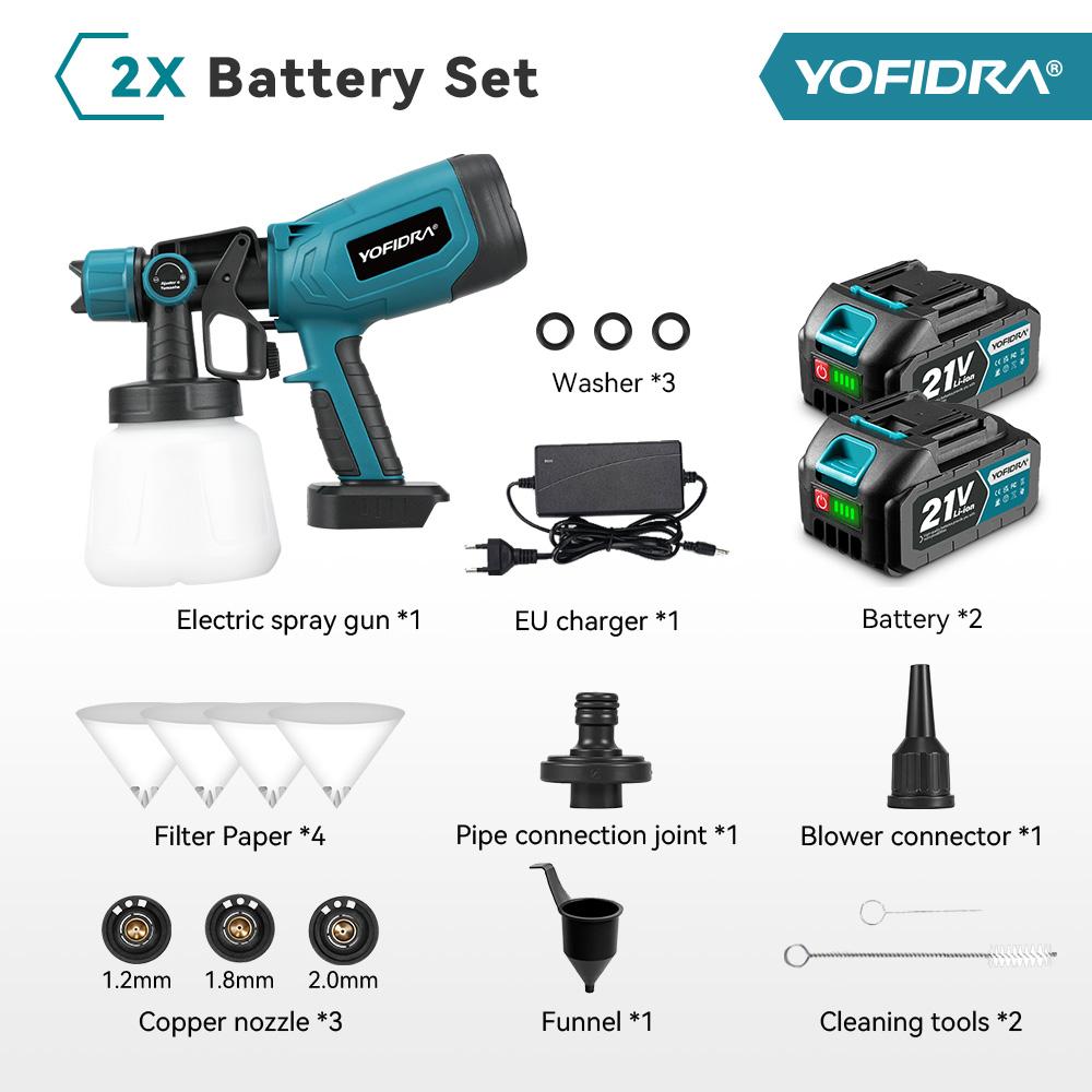 YOFIDRA 1000ML Elektrische Spritzpistole für Zuhause, Kabelloser Sprüher, Auto, Möbel, Stahlbeschichtung, Airbrush für Makita 21V Akku-Pin 2 Battery-EU