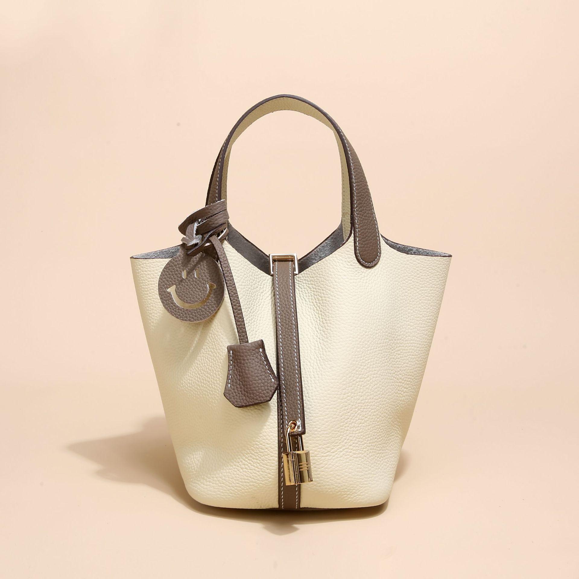 Echtes Leder Damen Gemüse Korb Tasche Tasche Herbst und Winter Litschi Muster Eimer Tasche Handtasche für Frauen weiß