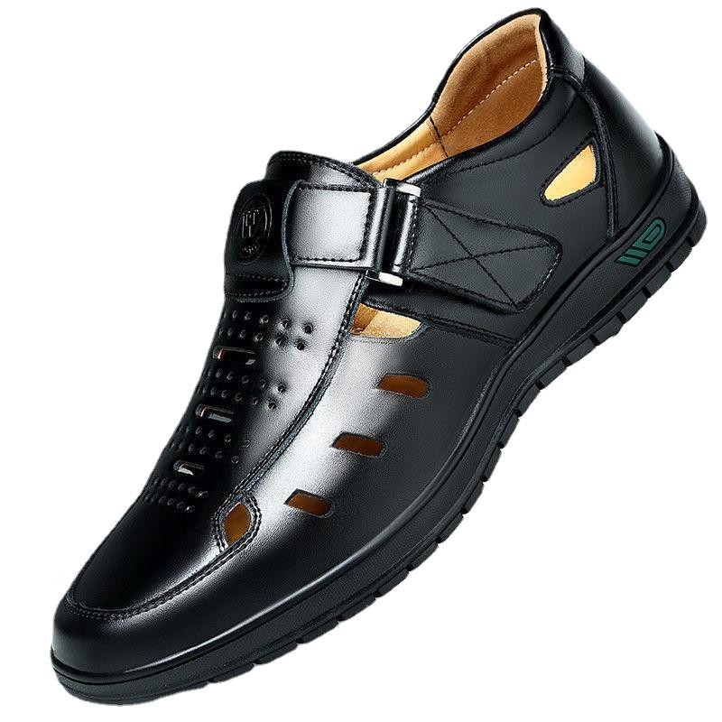 Herren Sandalen aus echtem Leder, atmungsaktive Sommer-Freizeitschuhe für Herren, Slip-on-Clogs, Outdoor, rutschfest, handgefertigte Sandalen 44 schwarz