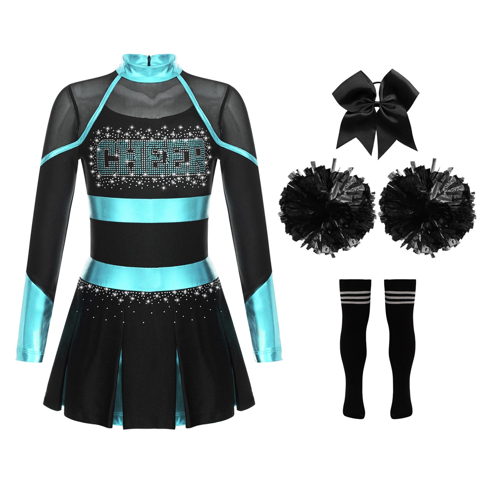 Cheerleader-Kostüm für Kinder, Halloween-Cheerleading-Uniform, Kleid mit Pompons und Socken, Karneval, Party, Kostüm-Outfit 11-12 Years schwarz/blau