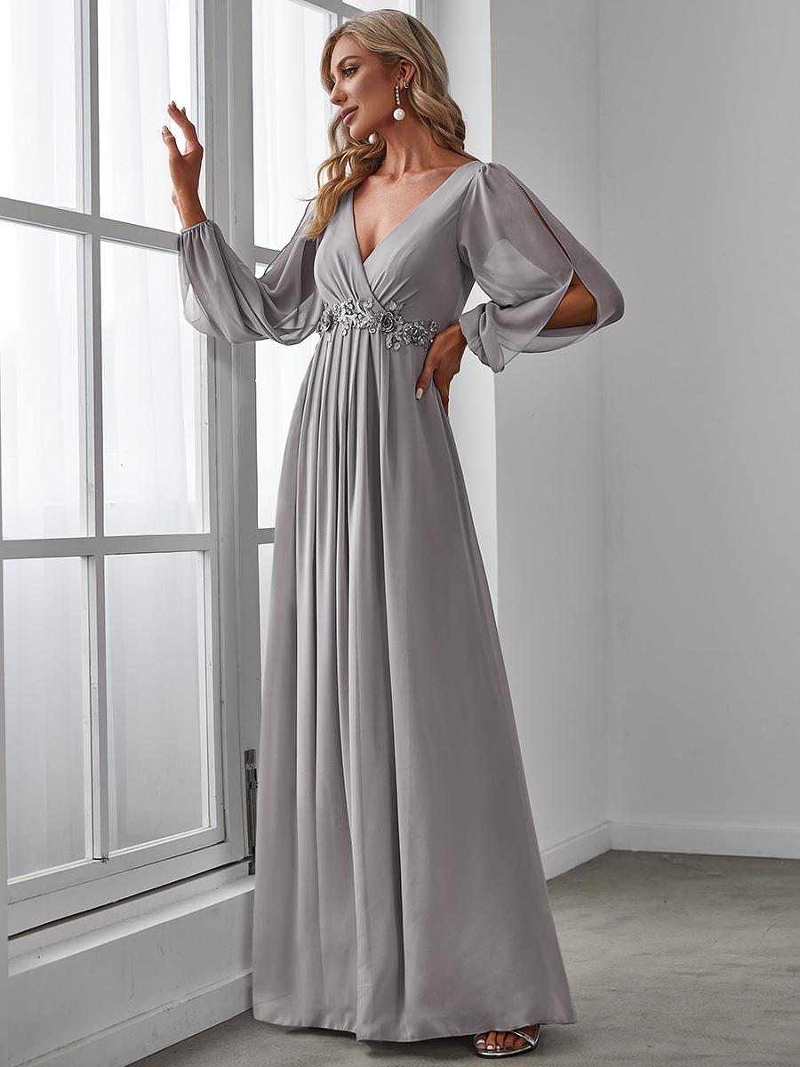 Ever-Pretty Damen Bodenlanges Abendkleid mit langen Laternenärmeln, Chiffon, tiefem V-Ausschnitt und Applikationen, Hochzeitsgastkleid 3XL grau