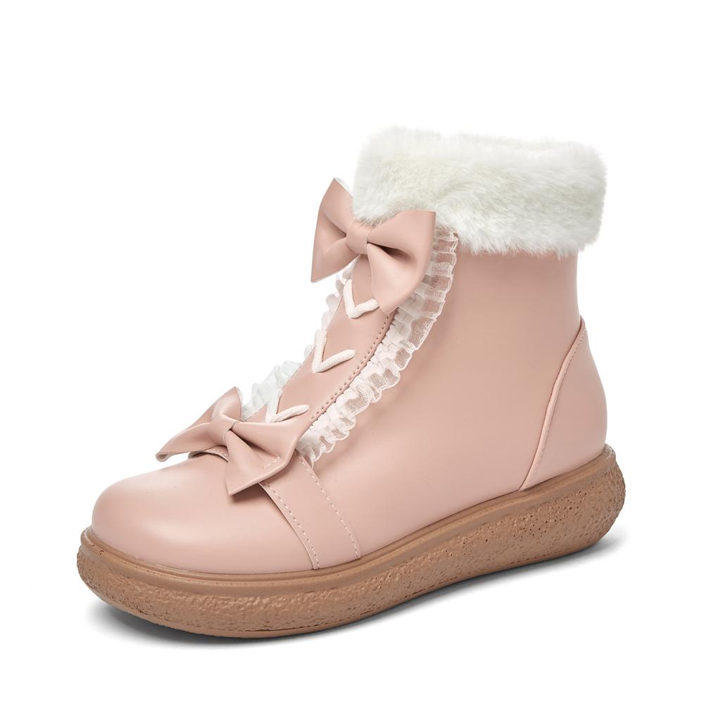 Mode Kunstfell Winter Lolita Mädchen Stiefel PU Leder Warme Plüschstiefel Rutschfest Vintage Mode Plüschstiefel Für Große Mädchen 31-43 39 rosa