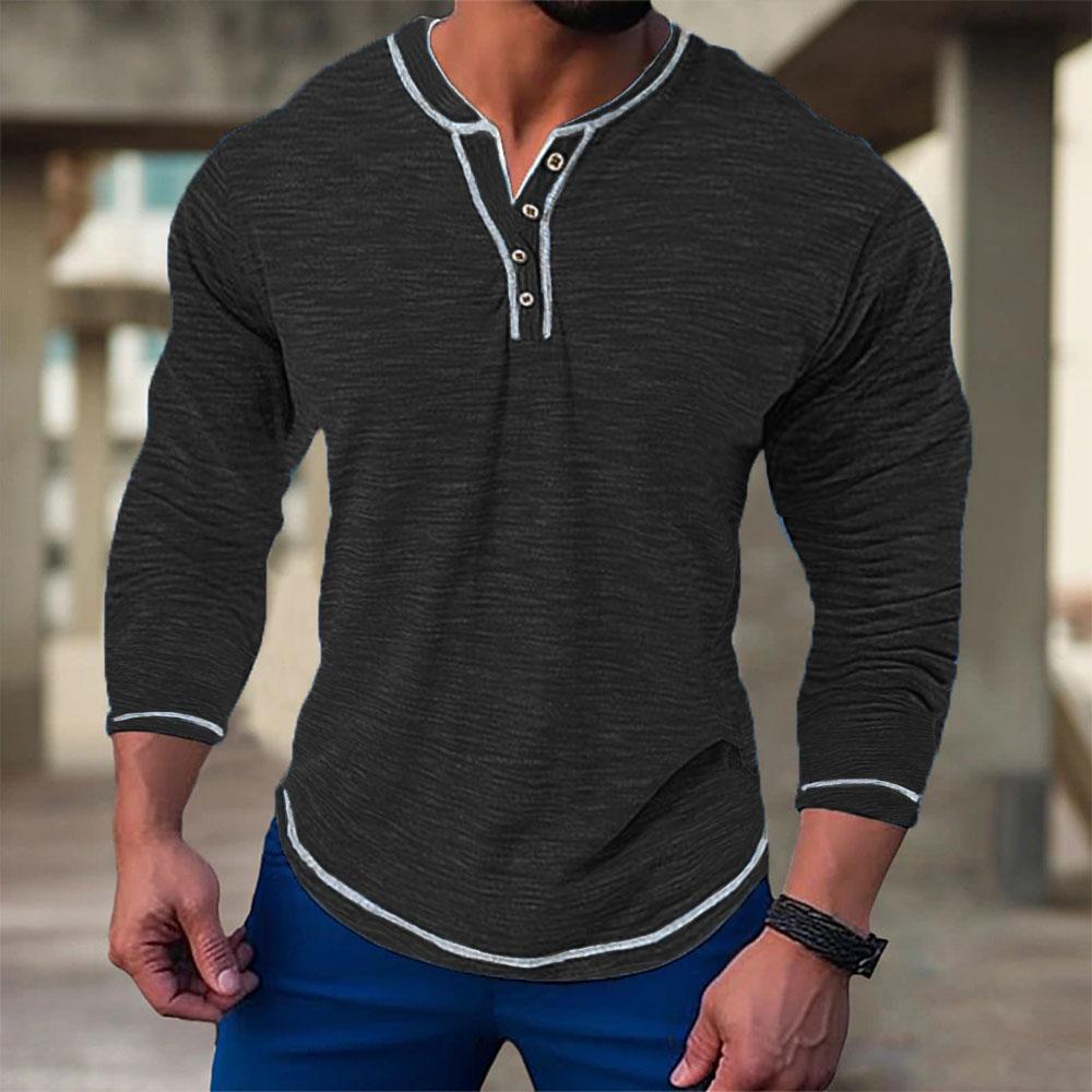 Herbst Baumwolle Langarm T-Shirts für Männer Pullover Casual Herren Sweatshirts Elastische V-Ausschnitt Button Up T-Shirts Männlich XXXL schwarz