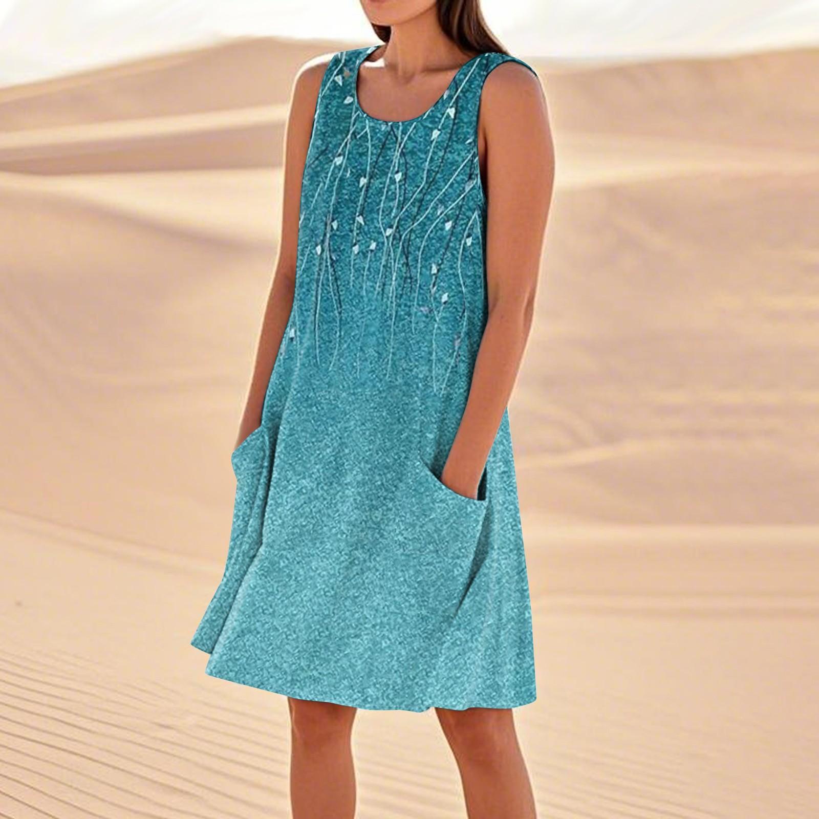 Sommerkleider für Damen, lockerer Strandurlaub, lässig, ärmellos, Sommerkleider mit Taschen, Tankkleid L