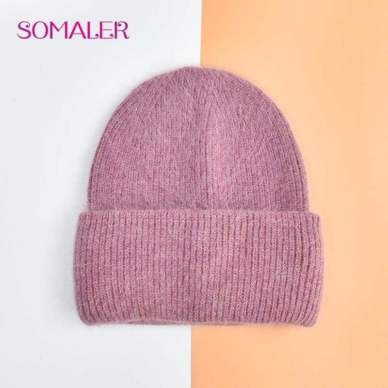 SOMALER Winter Angora Wolle Gestrickte Mütze Weich Warm Flauschig Kaninchenfell Strick Einfache Mützen für Damen china-rose