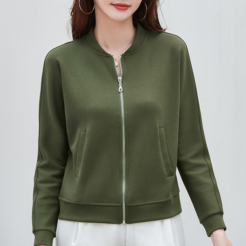 Frühling und Herbst Damen Jacke Baseball Kleidung einfarbig Reißverschluss Langarm Jacke L armee grüne