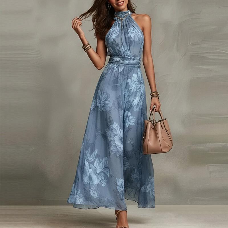 Retro Mode Maxikleid Sommer Ärmellos Einfacher Druck Rüschenkleider Streetwear für Damenbekleidung Urlaubsfeier 2XL blau