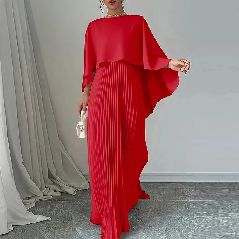Damen Elegant Rundhals Unregelmäßiger Schal & Weste Plissee Kleider Herbst Einfarbig Mantel 2 Stück Set Lose Abendkleid Urlaub XL rot