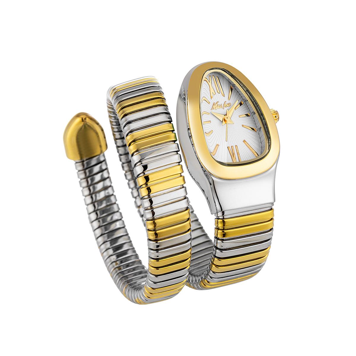 MISSFOX Klassische Schlangenform-Uhr für Damen, Gold/Silber, skalierbares Armband, Damenuhren, Quarz-Damenarmbanduhr silber weiße/gold